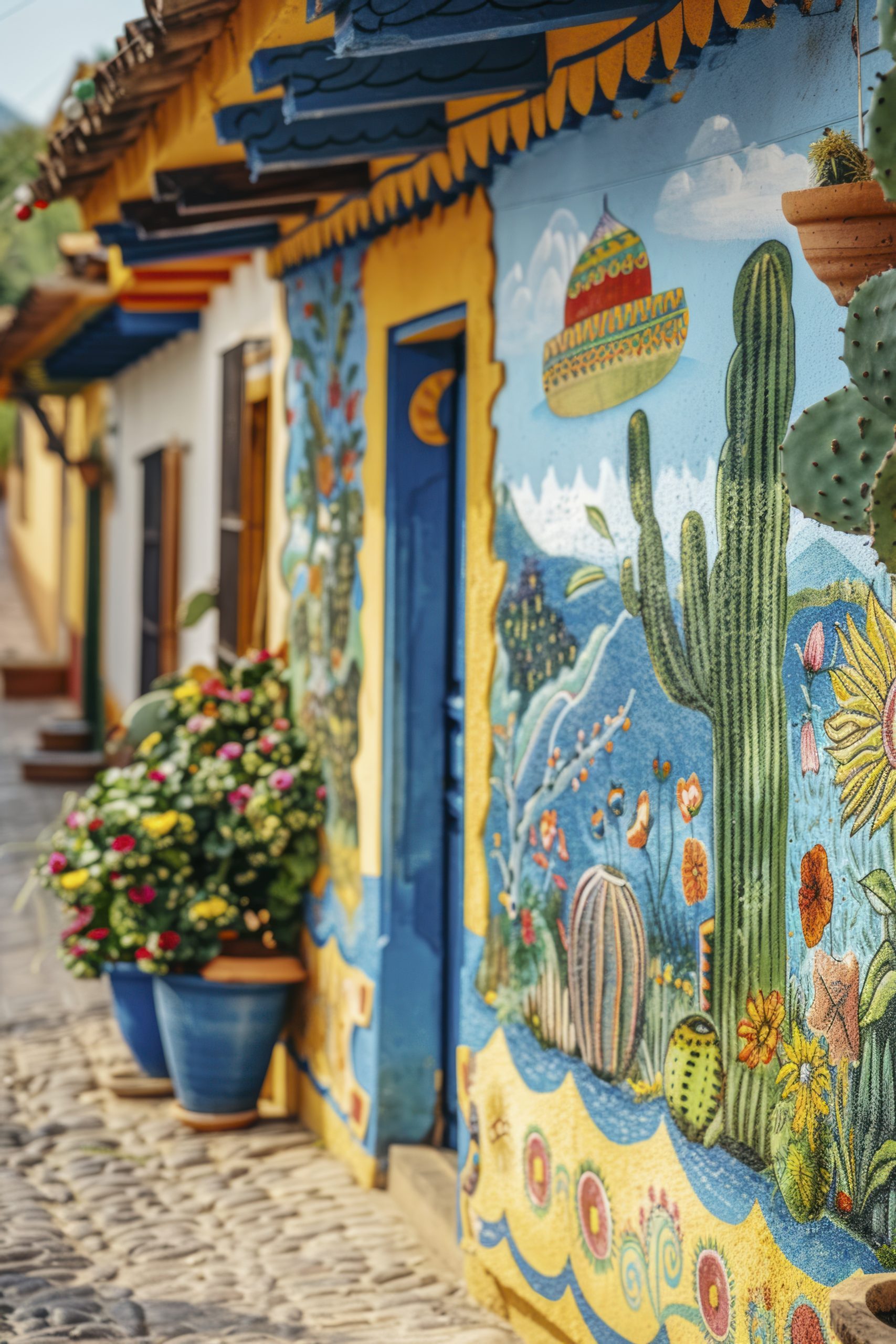 Close-up of a Mexican house in a charming village with colorful murals and traditional pottery. The scene features local artisans working in the background. 