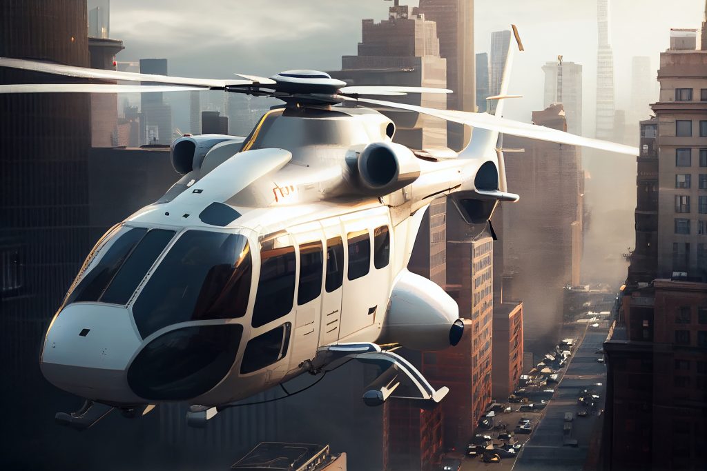 helicopter flying over city skyline ,generative artificial intelligence