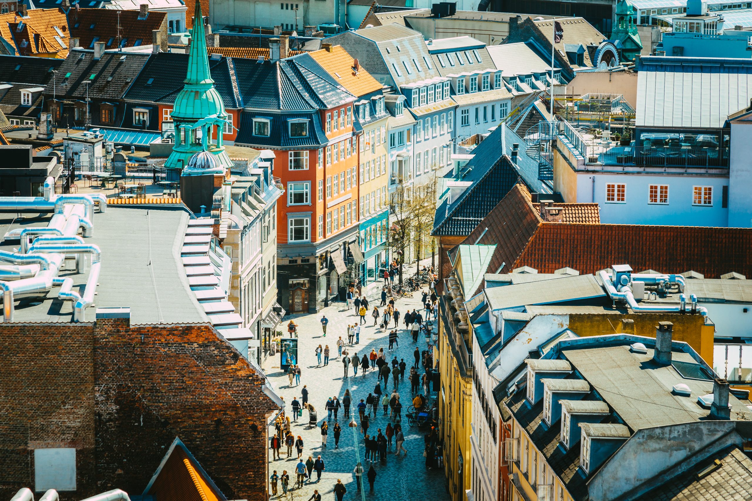 Streets and cityscape shot from above in Copenhagen, the capital city of Denmark.