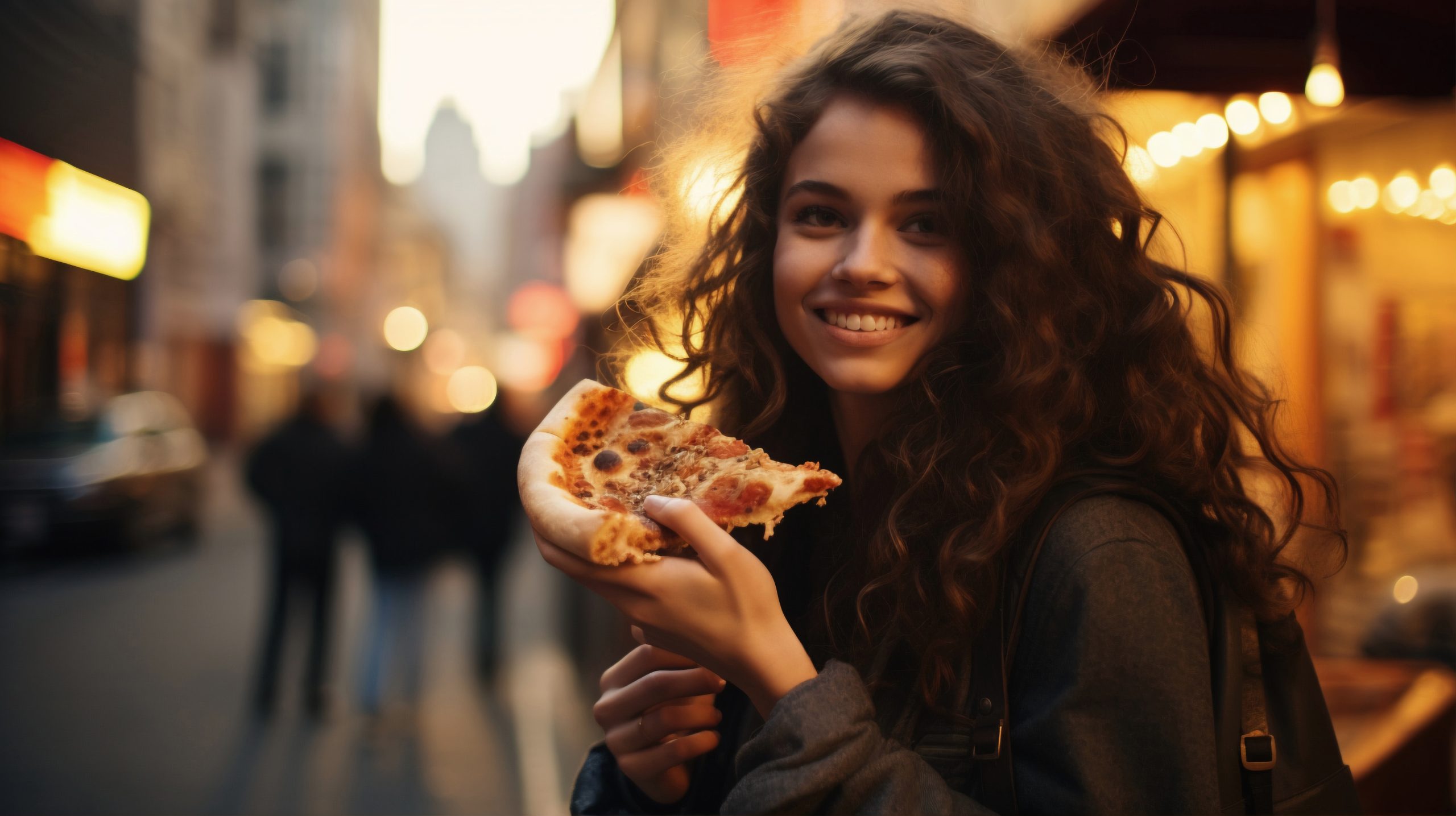 Medium shot woman with delicious pizza in Times Square 