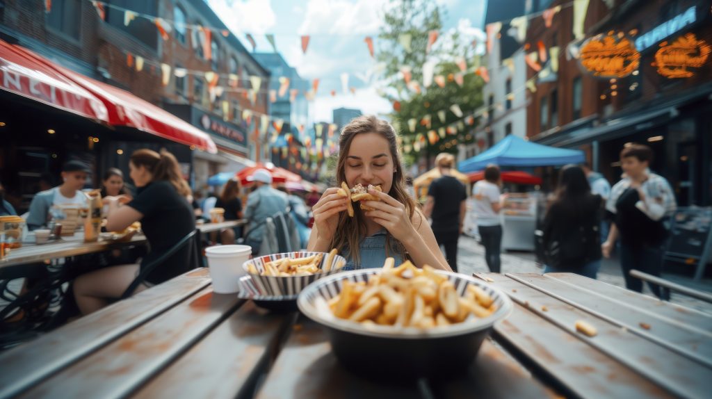 Young people enjoying street food 